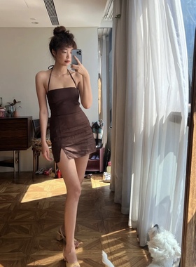 refor法式小众咖啡色棉麻挂脖吊带连衣裙子女气质名媛lumeng同款