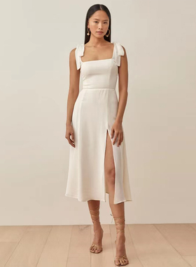 refor法式粉色碎花方领绑带吊带连衣裙子女夏收腰开叉气质中长裙