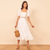 方领泡泡袖 reformation法式 度假风白色棉麻半身裙长裙套装 短上衣