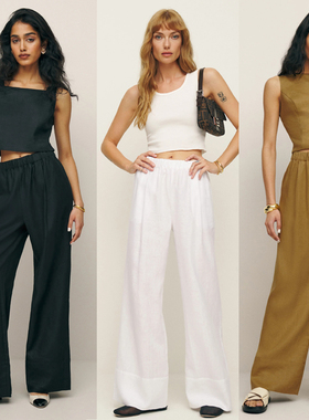 Ref法式小众黑白色亚麻高腰松紧阔腿裤女休闲度假风直筒防晒长裤