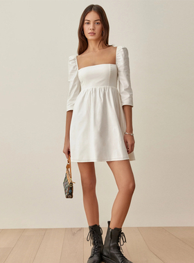 refor法式方领纯棉白色气质修身小个子连衣裙子女设计感小众短裙