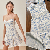 refor法式 碎花设计感性感细吊带连衣裙子女夏小个子修身 显瘦a字裙