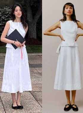 美版自制ref欧阳娜娜同款白色亚麻两件套装裙赫本裙毕业礼服套装