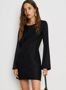 ref法式高级感黑色长袖缎面斜裁连衣裙女小个子显瘦气质短裙a字裙