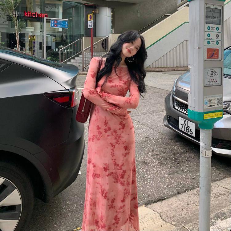 酒午自制【绘秋枝】港风覆古网纱印花洋装+内搭吊带裙两件式套装