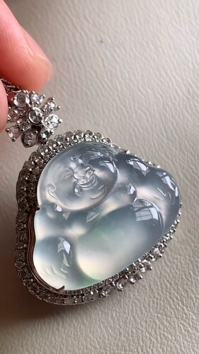 天然缅甸翡翠高冰佛公 完美 18k钻镶嵌尺30.2*26*11.2裸22.8*17.5