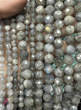 6-10mm天然灰色闪光石硬切刻面圆珠串珠散珠 diy手工材料饰品配件