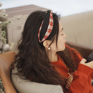 复古学院风红色格纹打结高颅顶发箍女高级感新款日系蓝色格子头箍