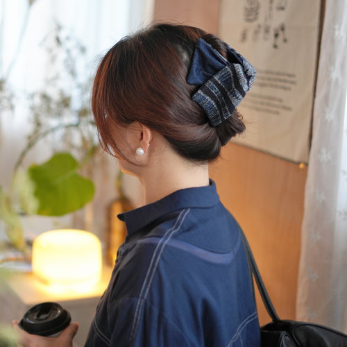 蓝色亚麻牛仔拼色布艺大号抓夹