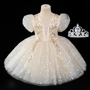 六一儿童节演出服蓬蓬裙香槟色礼服公主裙女童纱裙儿童主持人礼服