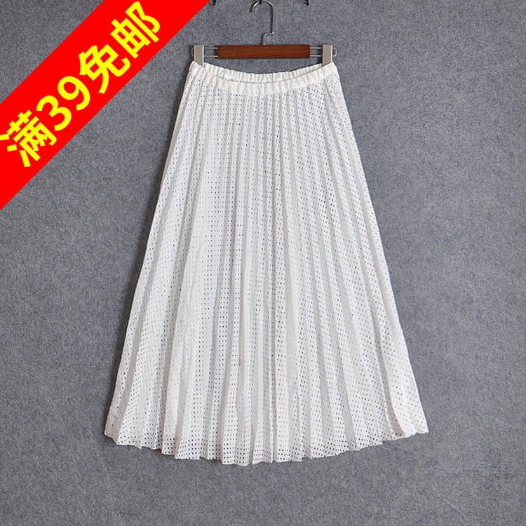 日系W雜志款松緊高腰鏤空純色百褶復古中長裙半身裙子