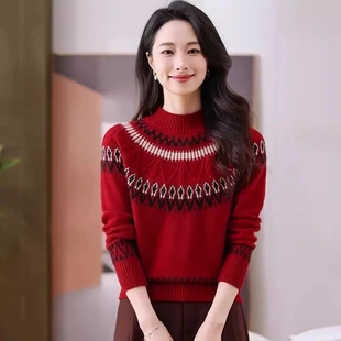 衣诗曼时尚女装半高领毛衣女士加厚秋冬新款短款提花洋气针织内搭