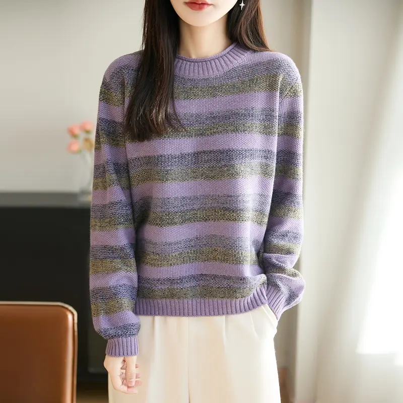 GD茉语女装正圆领卷边条纹针织衫2026冬季时尚百搭长袖打底衫上衣