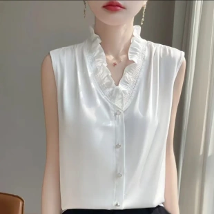 一澜优品奢花苞领显瘦气质白色时尚 女士百搭立领背心木耳花边无袖