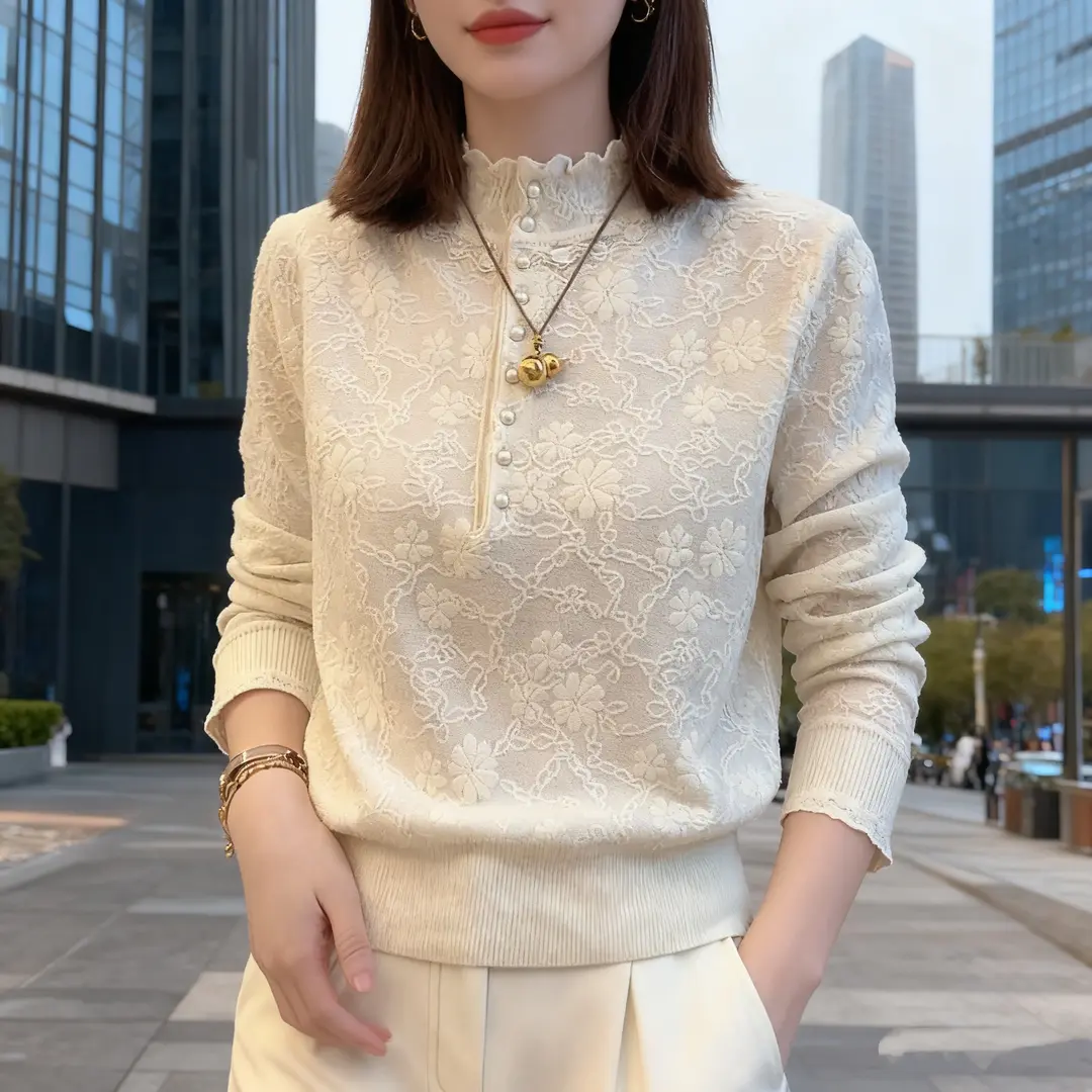 针织立领镂空纽扣高级气质毛衣女