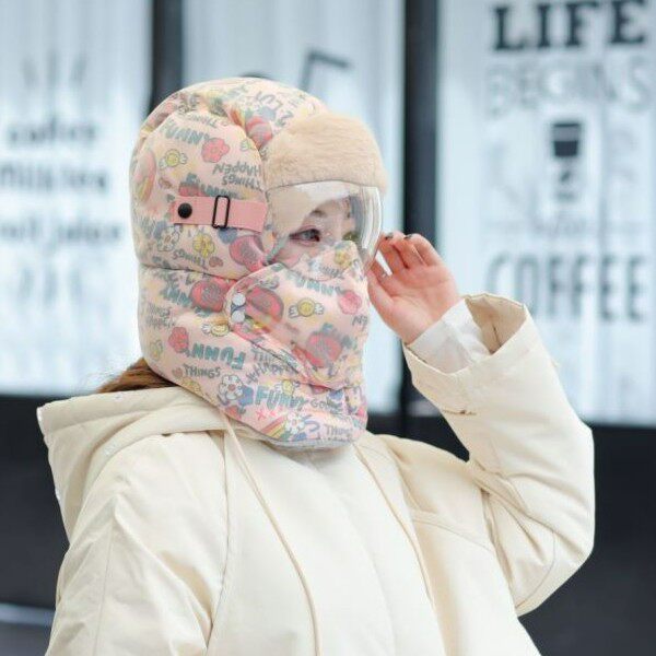 冬季骑车保暖神器防风寒护全脸面罩一体帽子女加绒加厚护耳涂鸦帽