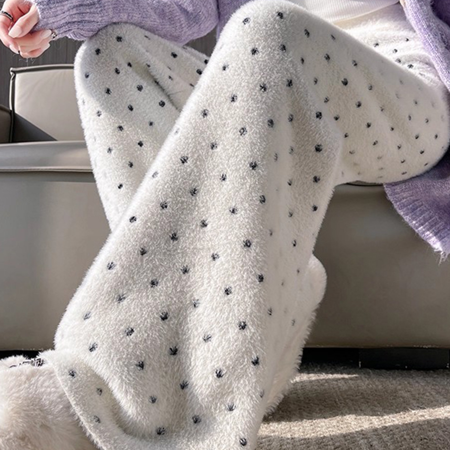 高个子波点水貂绒针织裤女秋冬季新款高腰垂感软糯休闲阔腿拖地裤