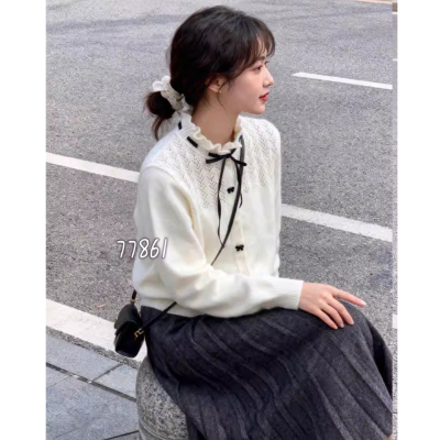 韩系少女感镂空绞花针织开衫女时尚木耳边系带圆领毛衣外套77861