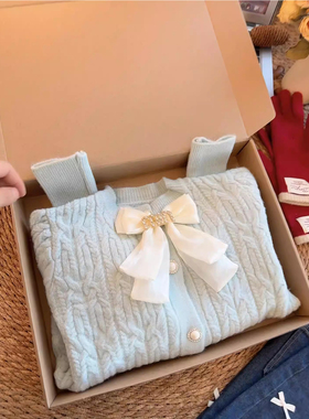 千金名媛蝴蝶结甜美麻花长袖针织开衫女小个子毛衣LXYG春秋