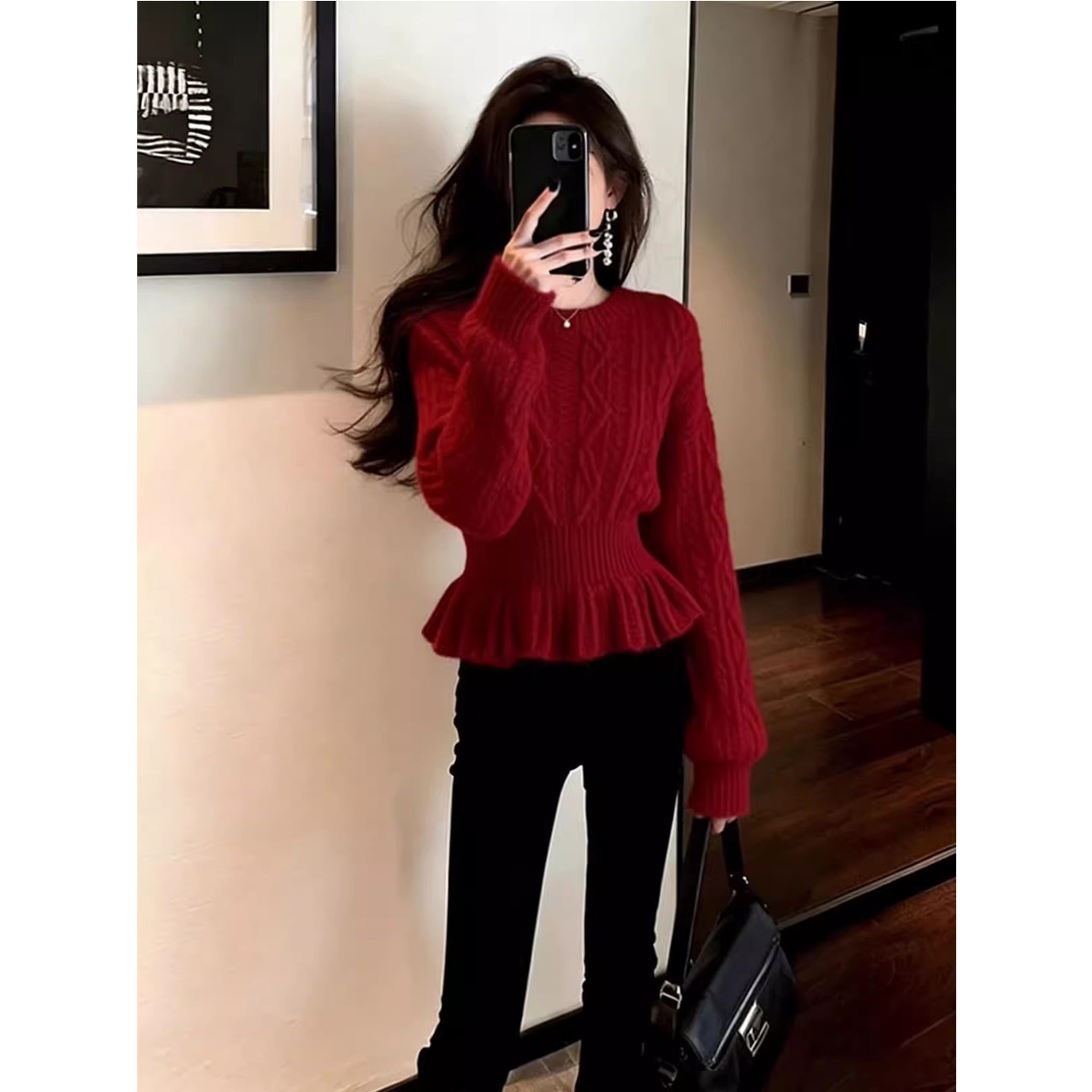 新年红色掐腰麻花毛衣女秋冬新款慵懒宽松显瘦百搭短款针织衫上衣