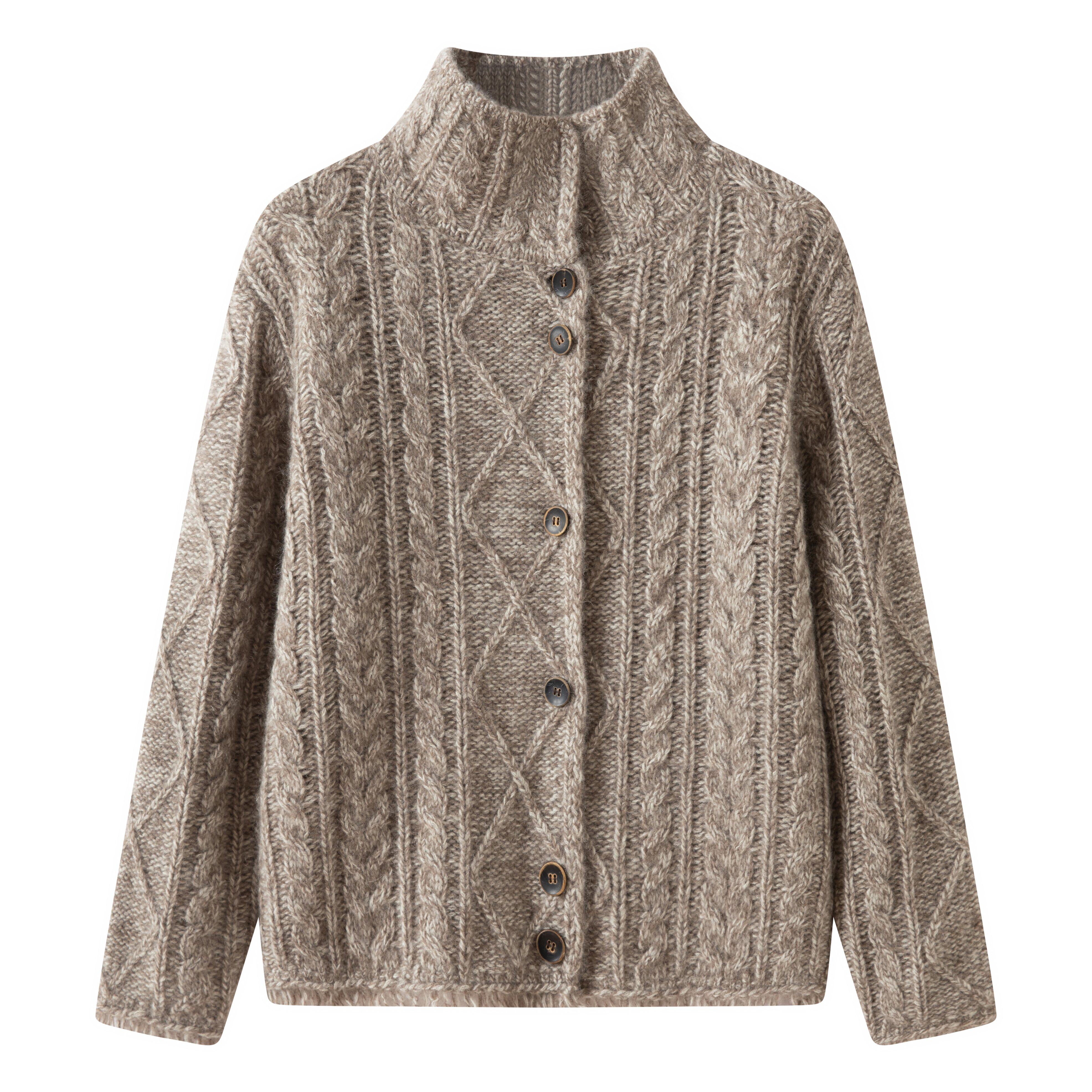 牦牛绒混纺复古绞花流苏边牦牛毛开衫 ZH25749