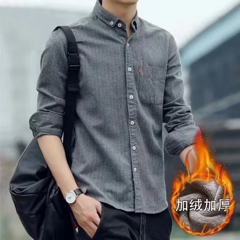 秋冬季新款加绒加厚衬衫长袖男休闲外套时尚修身保暖条纹男装衬衣