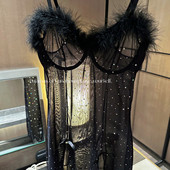 Miss夜场公主 性感烫钻羽毛网纱吊带睡裙纯欲风透视家居服连衣裙