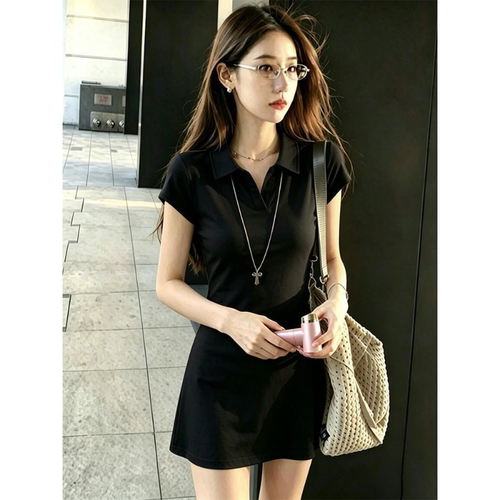 拉夏贝尔黑色polo领半身裙女夏季