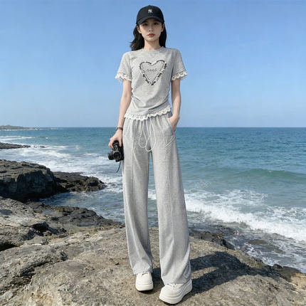 休闲运动套装女夏季2026显瘦显高高级感花边拼接短袖阔腿裤两件套