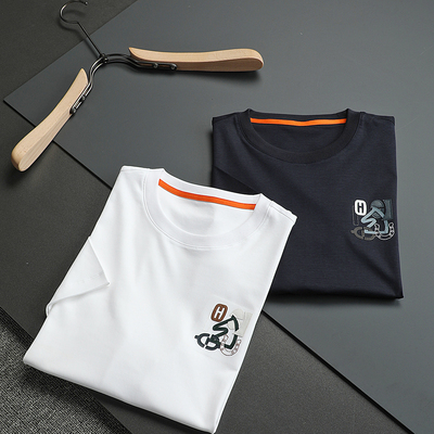 H皮绣花轻奢经典简约液氨双丝光棉面料 男士修身短袖圆领T恤衫