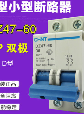 原装正品 CHNT正泰 空气开关 断路器 DZ47-60 D6 2P D型 双极  6A
