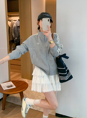 爱情魔鬼鱼 灰色条纹韩系拉链外套女2026年春季新款休闲运动上衣