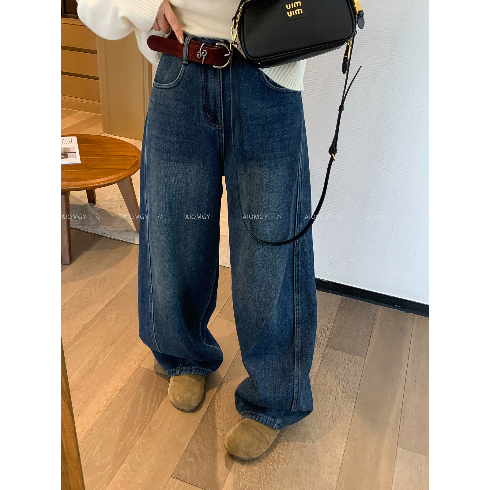 爱情魔鬼鱼 蓝色加绒配腰带牛仔裤女2025冬季新款宽松阔腿拖地裤,女装/女士精品,牛仔裤,淘宝优惠券,粉丝福利购,淘宝优惠卷
