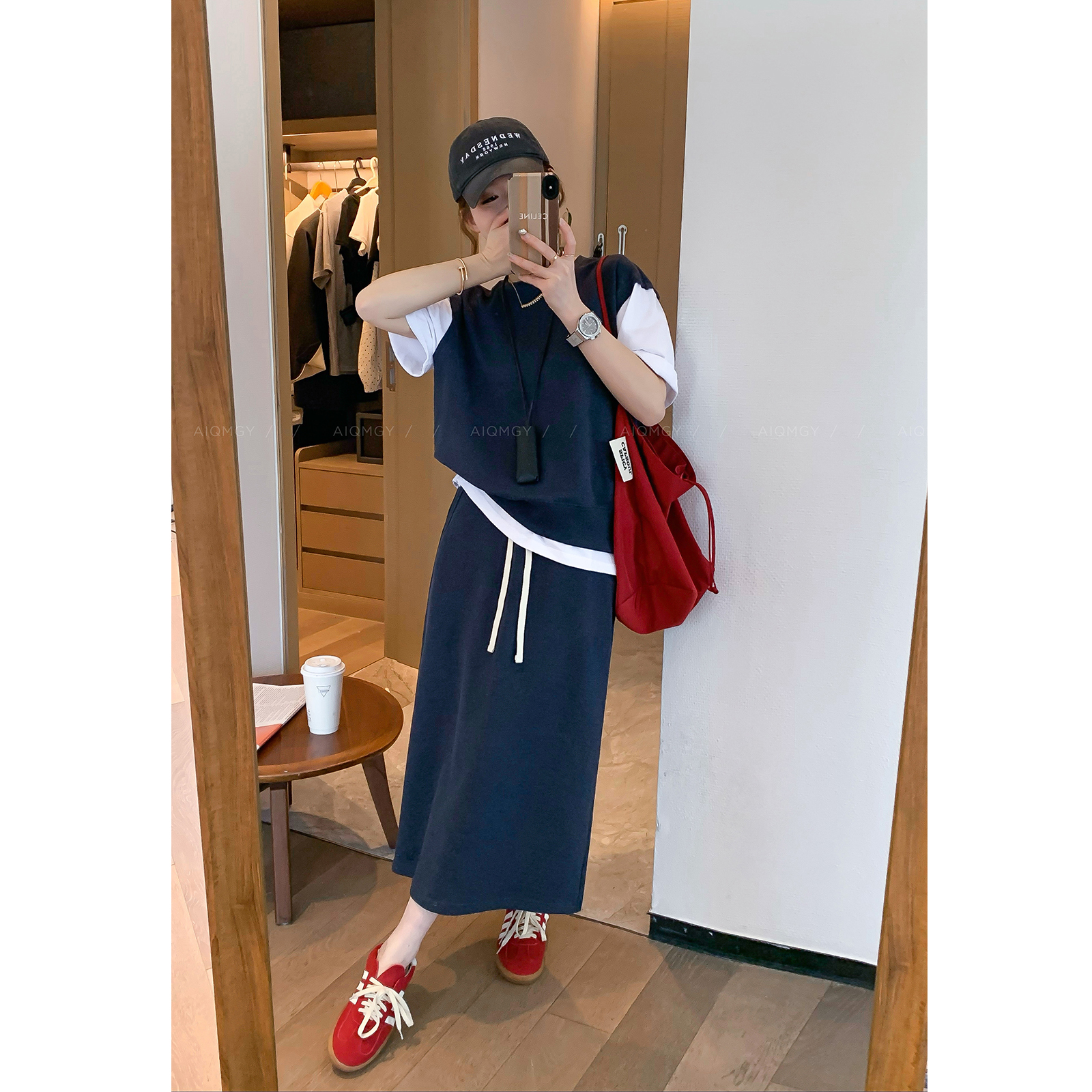 爱情魔鬼鱼 时尚套装女2025夏季新款拼接T恤上衣长裙半身裙两件套