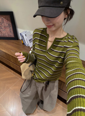 爱情魔鬼鱼半开领条纹羊毛针织衫