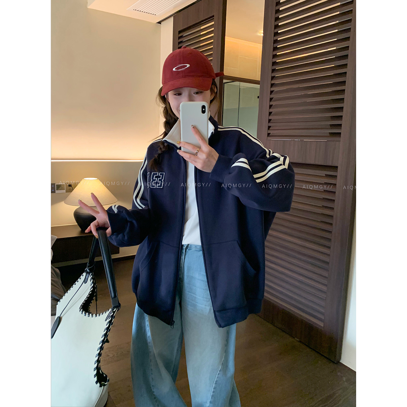 爱情魔鬼鱼 条纹休闲运动外套女2026年春季新款时尚宽松拉链上衣