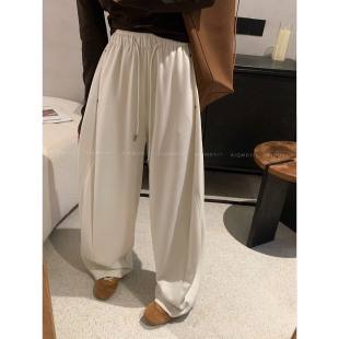 宽松显瘦阔腿裤 女2026春季 米色抽绳直筒运动休闲卫裤 爱情魔鬼鱼