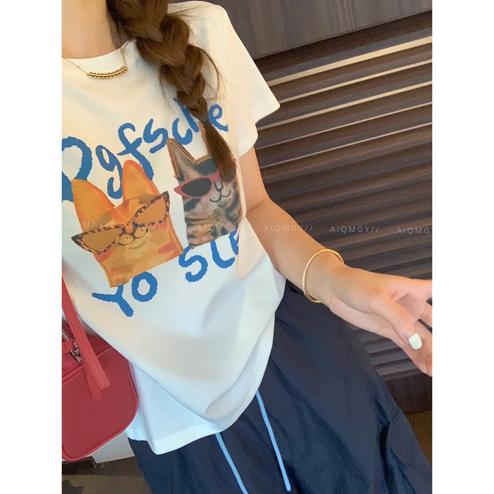 爱情魔鬼鱼 白色短袖圆领猫咪印花T恤女2026夏季新款通勤百搭上衣