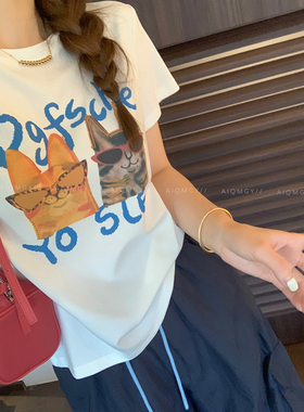 爱情魔鬼鱼 白色短袖圆领猫咪印花T恤女2026夏季新款通勤百搭上衣