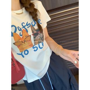 爱情魔鬼鱼 白色短袖圆领猫咪印花T恤女2026夏季新款通勤百搭上衣