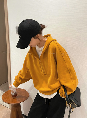 爱情魔鬼鱼 黄色半拉链连帽卫衣女2025秋冬新款宽松休闲纯色上衣