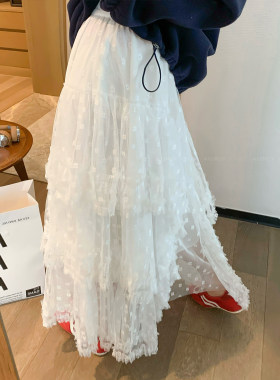 爱情魔鬼鱼 白色网纱蕾丝高腰半身裙女2026春季新款A字蛋糕裙长裙