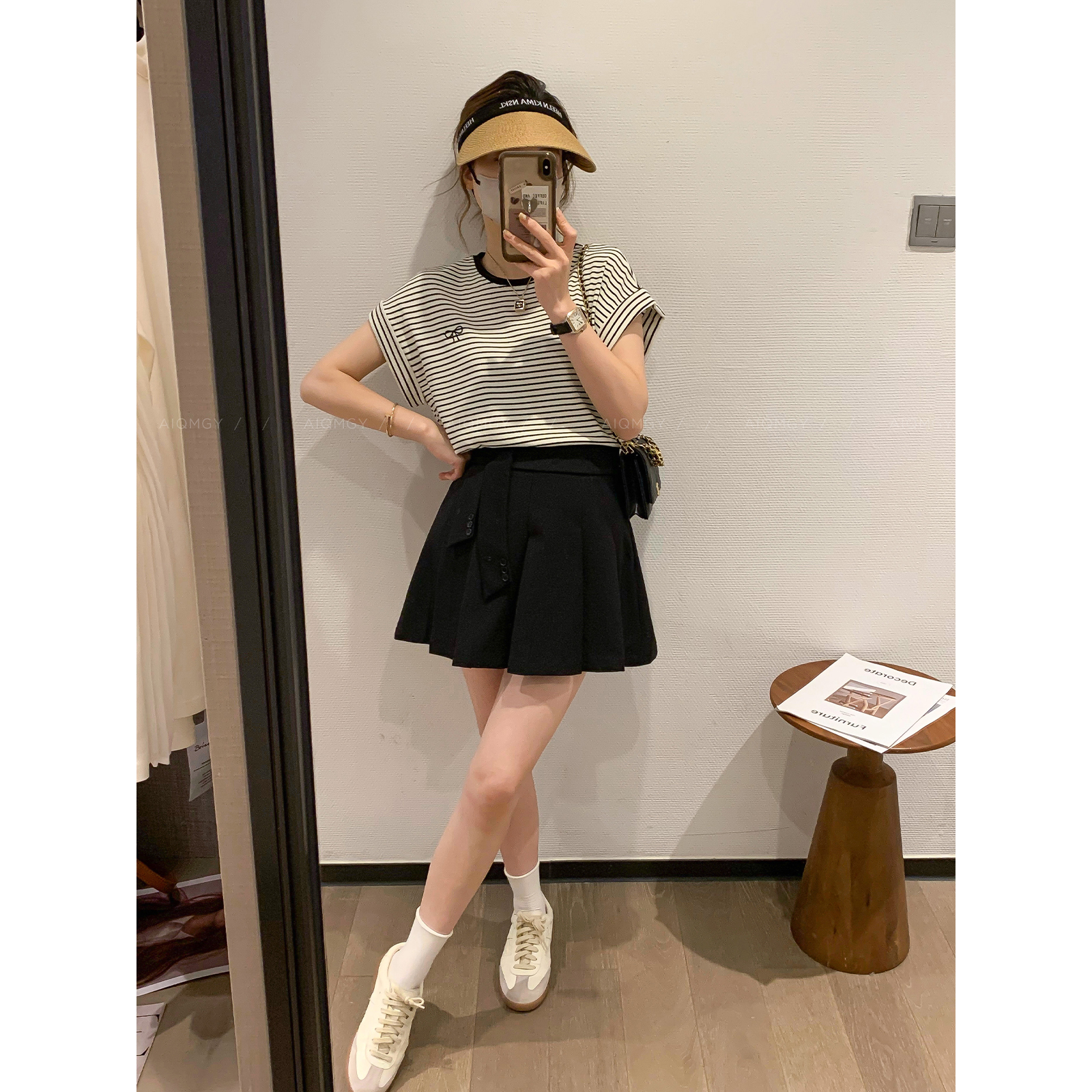 爱情魔鬼鱼 时尚两件套装女2025夏季新款百褶半身裙+条纹短袖T恤