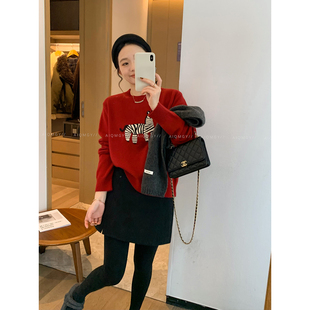 爱情魔鬼鱼 红色斑马刺绣绵羊毛针织衫女2025年冬季新款宽松上衣