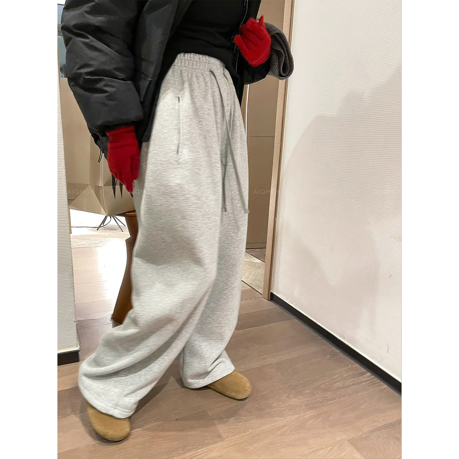 爱情魔鬼鱼 灰色抽绳阔腿卫裤女2025秋冬新款宽松加绒休闲裤长裤,女装/女士精品,休闲裤,淘宝优惠券,粉丝福利购,淘宝优惠卷