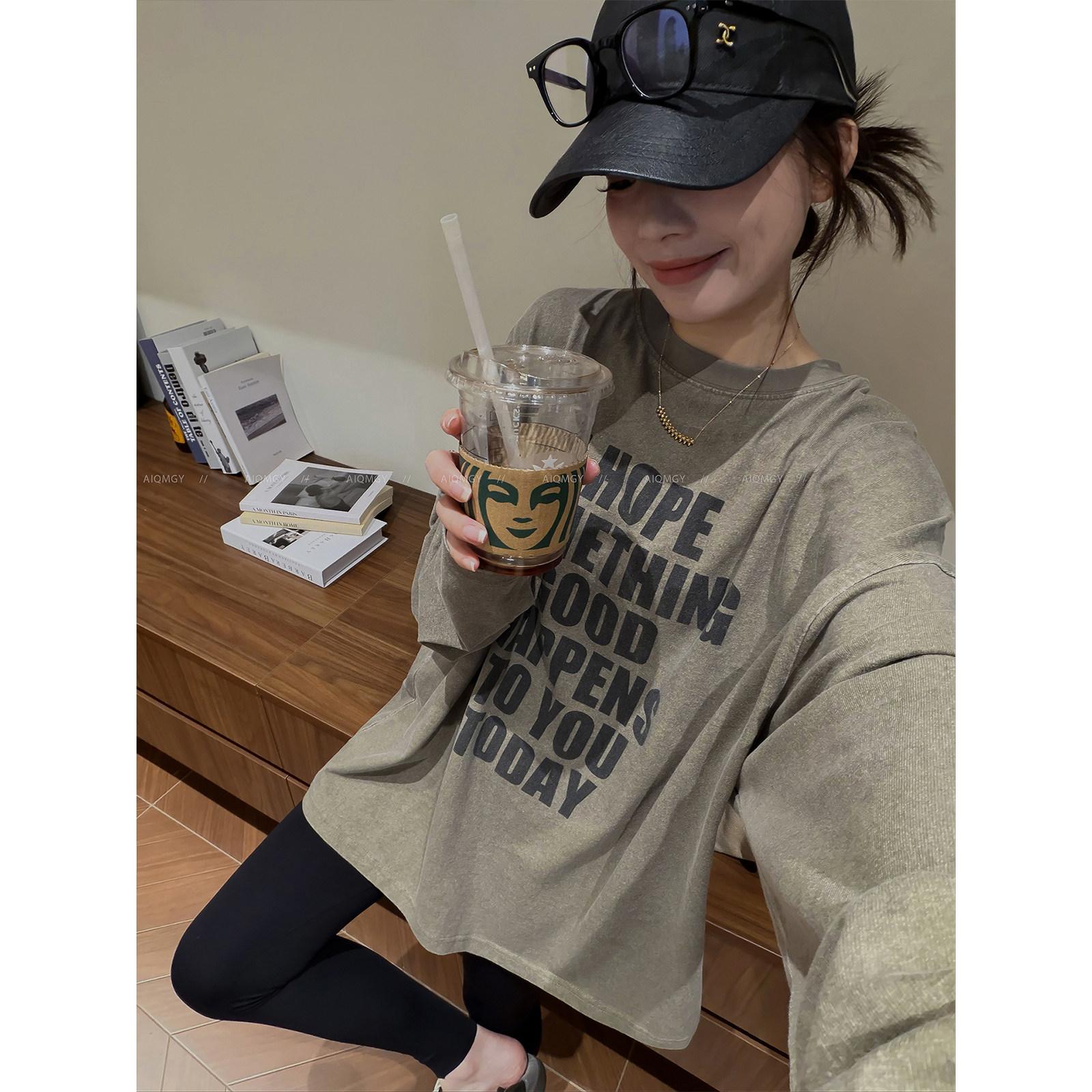 爱情魔鬼鱼 灰色圆领长袖字母印花T恤女2026秋季新款宽松纯棉上衣