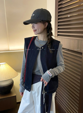 爱情魔鬼鱼 深蓝色圆领牛仔马甲外套女2026春季新款韩系百搭上衣