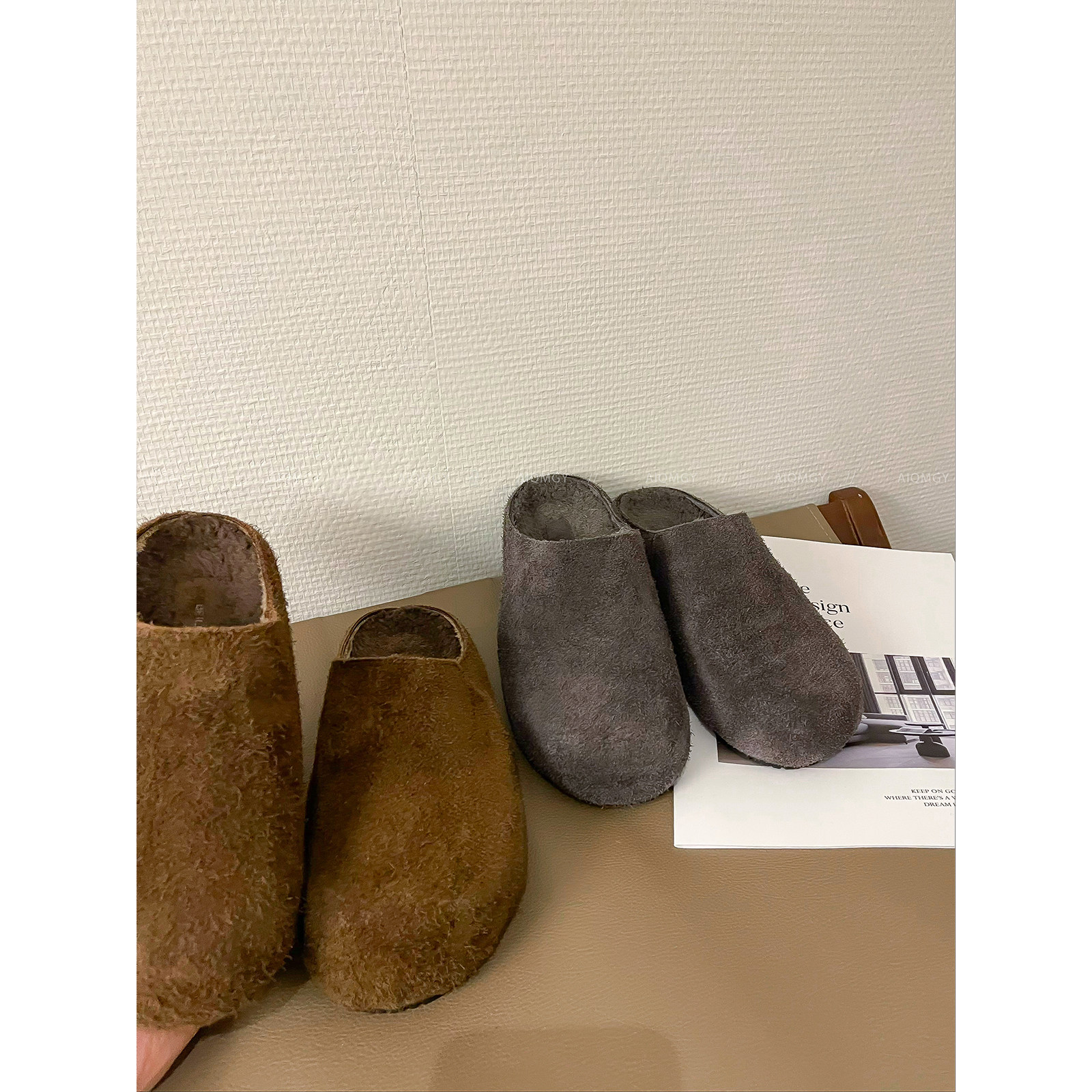 爱情魔鬼鱼 纯色厚底加绒勃肯鞋女2025冬季新款百搭一脚蹬半拖鞋