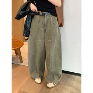 宽松慵懒阔腿长裤 爱情魔鬼鱼 新款 女2026春季 军绿色配腰带牛仔裤