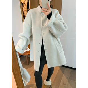 爱情魔鬼鱼 米色立领中长款羊绒大衣女2025冬季新款宽松加厚外套